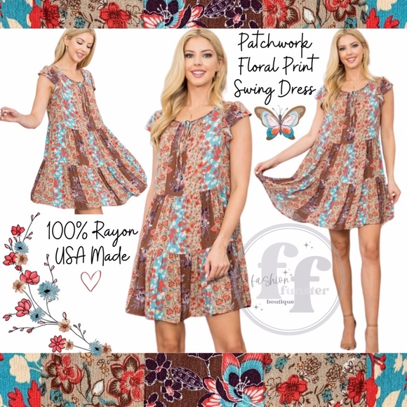 Blue B Patchwork Flutter Sleeve Floral Print Short Tiered Mini Swing Tunic Dress - Picture 2 of 15